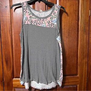 tank top black and white striped body with pink leopard print and floral panel